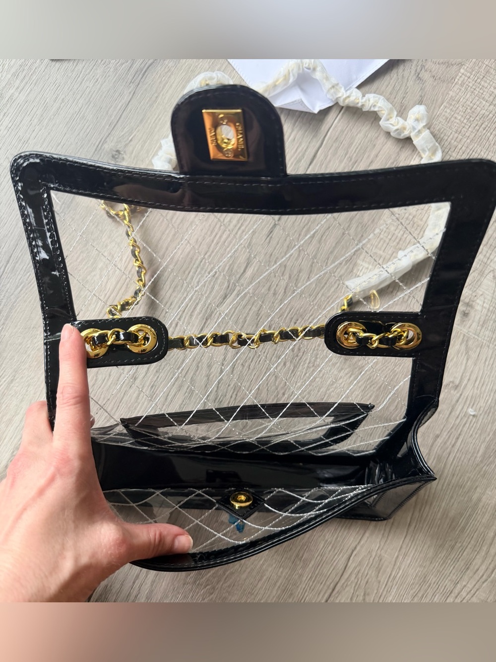 FULL SET Brand NEW Chanel Transparent Bag w Black Patent Leather & Gold Hardware - Picture 11 of 11